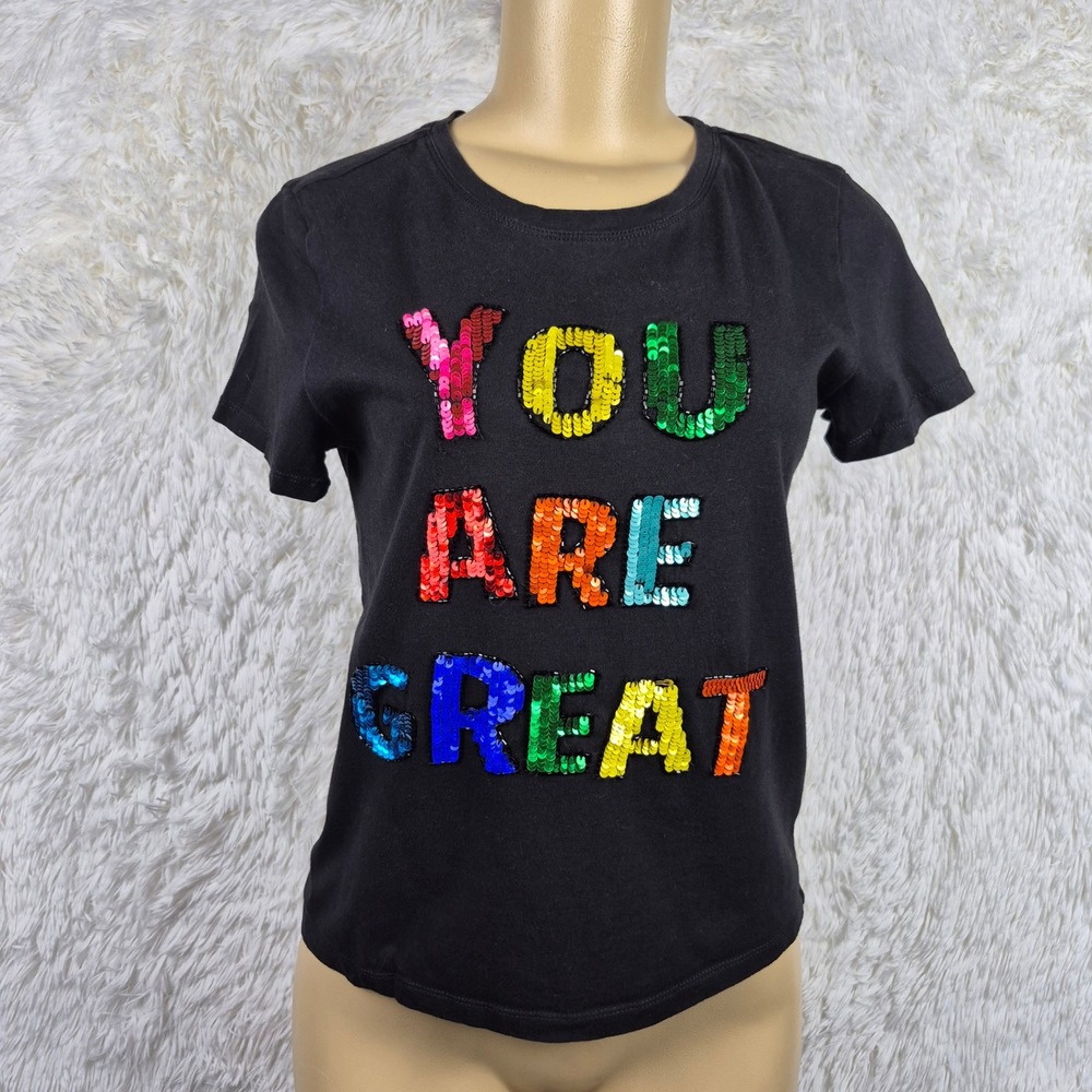 Alice + Olivia You Are Great Rainbow Sequin Graphic Tee Black Small Whimsical